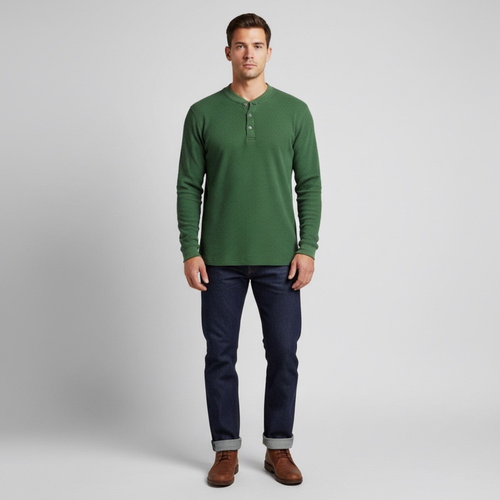 Mens Vintage Green Thermal Henley Shirt Northwest Territory L  Waffle Knit gore‎